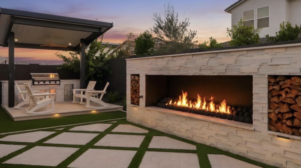 Custom outdoor fireplace and patio